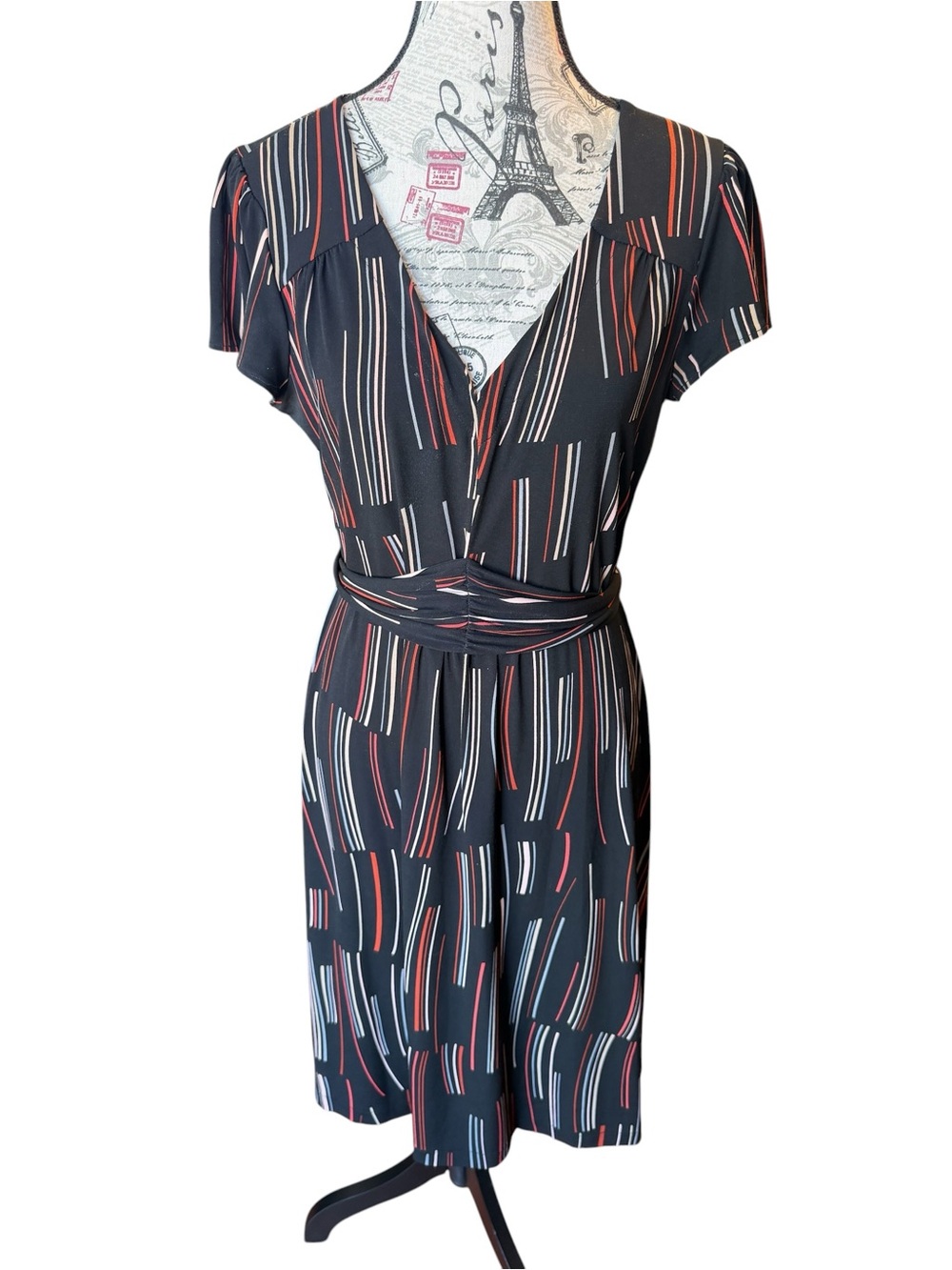attention Black Midi Dress with Red and White Stripe Print